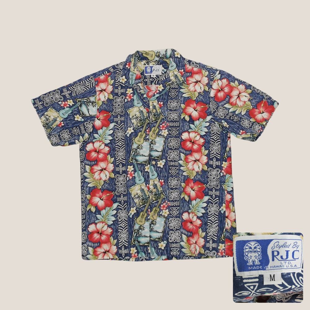 RJC | Vintage 80s Hawaiian Ukulele Hibiscus Aloha Shirt Camp Collar Mens M